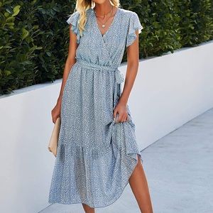 Light Blue Patterned Midi Dress Spring Summer Easter